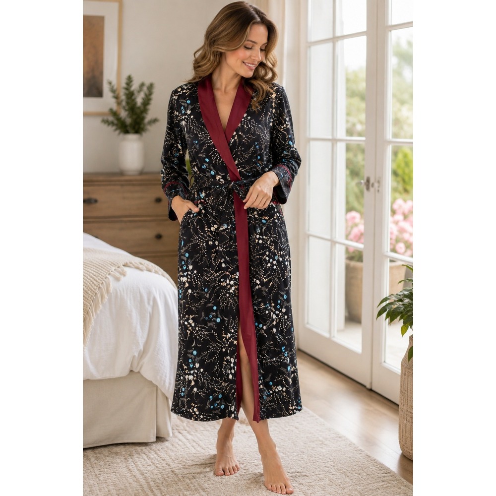 Bed To Brunch Celestial Floral Long Robe Black Burgundy Shawl Collar Small